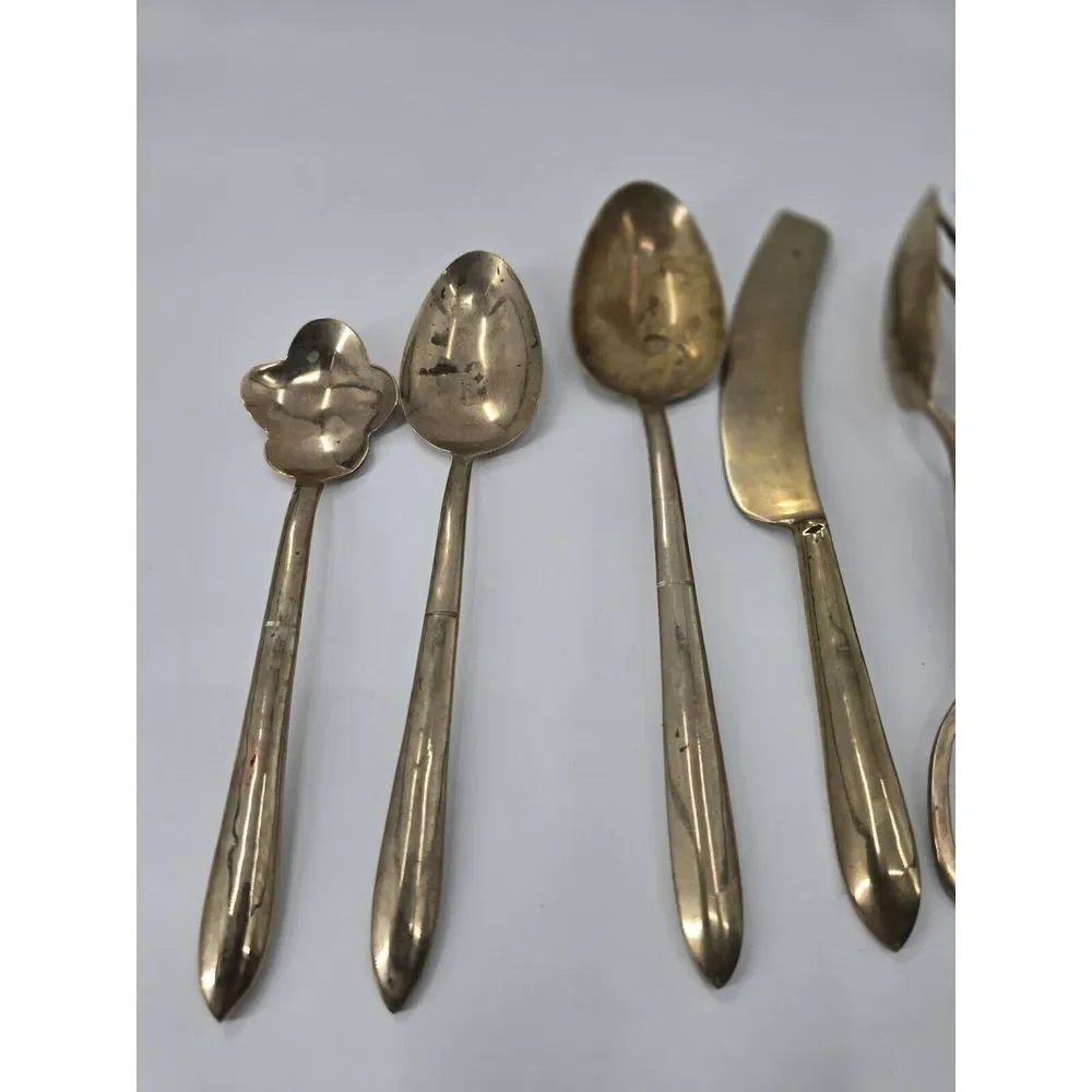 8 Pc Vintage  Piece Flatware Serving‎ Set THAILAND Bronze & Wood
